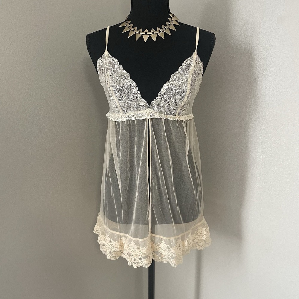 Y2K VICTORIA'S SECRET Ivory Sheer Mesh/Lace Split Front Babydoll Nightie Sz M